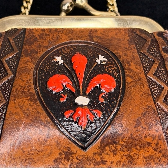 HANDMADE TOOLED LEATHER COIN PURSE GOLD CHAIN PAINTED FLEUR DE LIS WESTERN - Picture 5 of 14